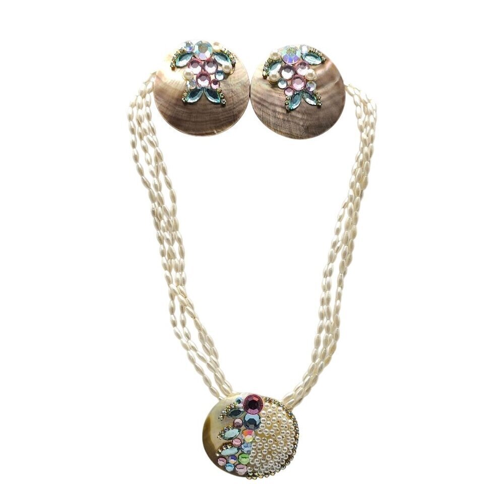 Vintage MOP Abalone Pearl Necklace Clip-On Earrings Set With Rhinestone Accents